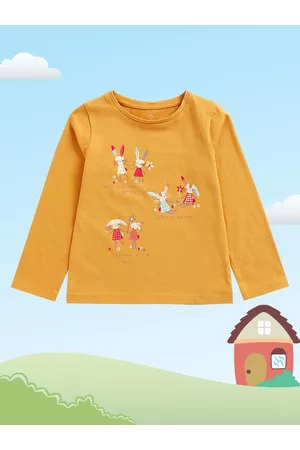 Mothercare Girls Mustard Yellow Printed Pure Cotton T-shirt