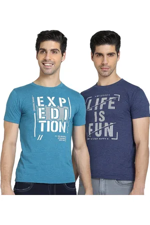 DYCA Men Navy Blue & Turquoise Half Sleeves Typography 2 Printed Applique T-shirt