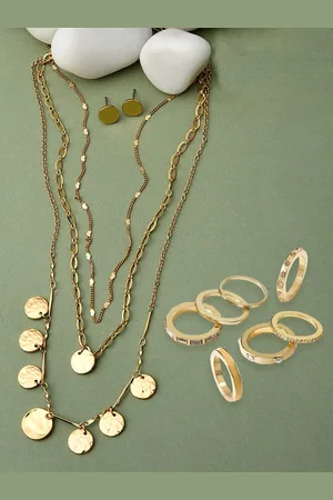 Ami Gold-Plated Layered Chain Necklace With Earrings & Rings Set