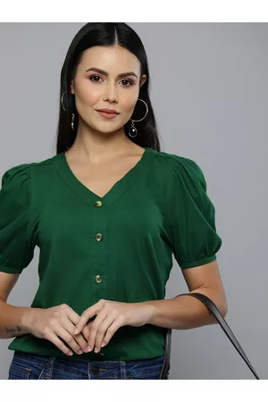 Chemistry Women Green Solid Pure Cotton Top