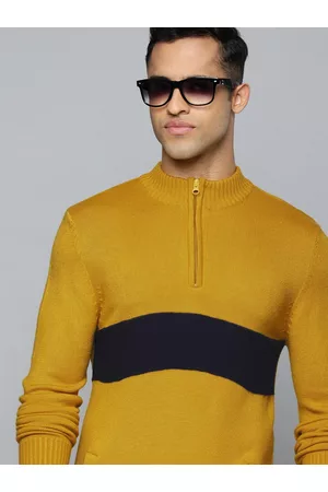 Flying Machine Men Mustard Yellow Acrylic Striped Pullover