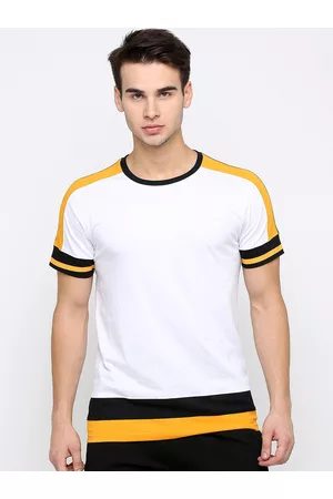 Maniac Men White Yellow Colourblocked Round Neck Pure Cotton T-shirt