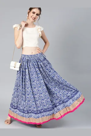Jaipur Blue Hand Block Printed Pure Cotton Skirt with White Crop Top