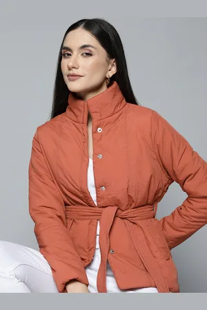 Chemistry Women Coral Red Solid Jacket with Belt