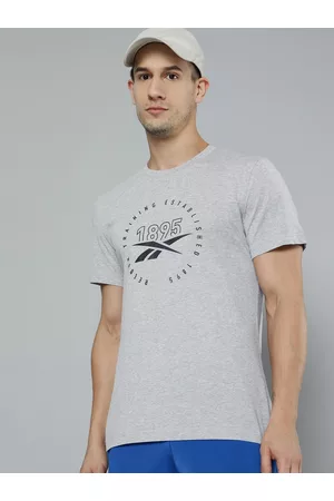 Reebok Men Grey Melange & Black Printed T-shirt