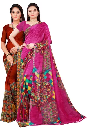Florence Magenta & Brown Printed Combo Saree With Unstithed Blouse Pure Georgette Saree