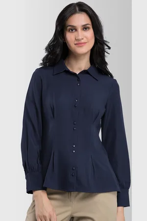 FableStreet Women Navy Blue Regular Fit Solid Casual Shirt