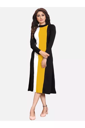 LONDON BELLY Women Black & Yellow Colourblocked A-Line Midi Dress