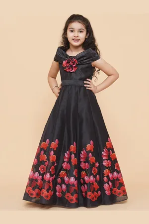 Bhama Girls Black Floral Printed Fit & Flared Maxi Dress