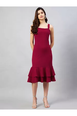 Rare Fashion Women Maroon Solid Sleeveless Bodycon Midi Dress