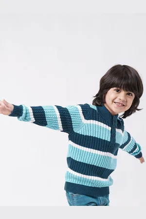 Ed-a-Mamma Boys Blue & White Striped Henley Neck Sustainable Pullover Sweater