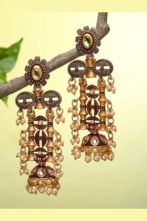 karatcart Gold-Plated & Maroon Kundan Classic Drop Earrings