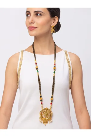 Digital Dress Room Gold-Plated Black & Red Beaded Long Mangalsutra With Earring Set