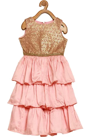 Ethnovog Girls Pink Gold-Toned Embellished Tiered Fit Flare Dress