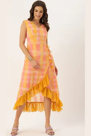 Ethnovog Yellow Pink Tie and Dye Sequinned Polyester Made To Measure Fit Flare Dress