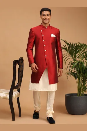 Vastramay Men Maroon Solid Sherwani Set