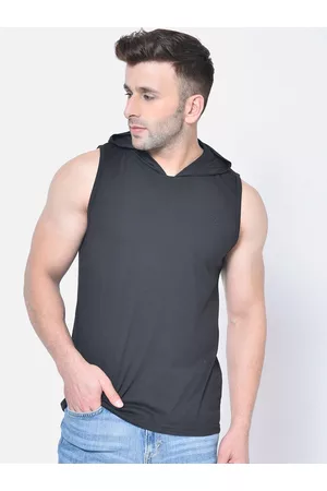 CHKOKKO Men Black Solid Hood T-shirt