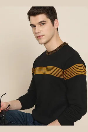 Invictus Men Black & Mustard Yellow Striped Acrylic Pullover