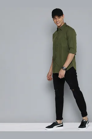 HARVARD Men Olive Green Solid Pure Cotton Casual Shirt