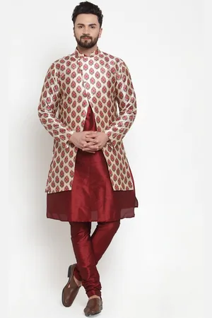 Kaifoo Men Maroon Angrakha Kurta and Churidar Ethnic Printed Jacket