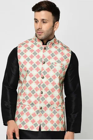 Kaifoo Men Pink & Green Printed Woven Nehru Jackets