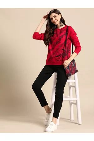 Sangria Women Round Neck Knitted Printed Sweatshirt