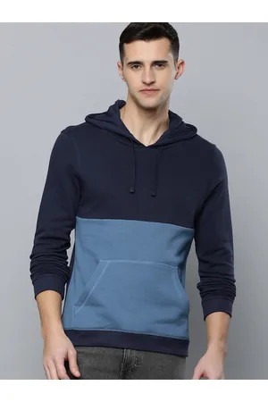 Flying Machine Men Navy Blue Colourblocked Hooded Pullover Sweatshirt