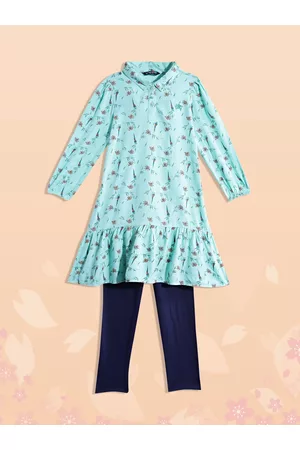 Allen Solly Girls Green & Navy Blue Floral Print A-Line Dress with Leggings