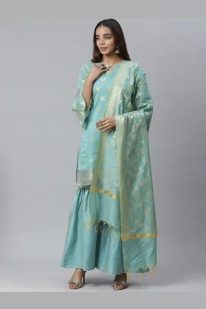 Chhabra 555 Women Turquoise Blue Woven Design Kurti with Sharara & Dupatta