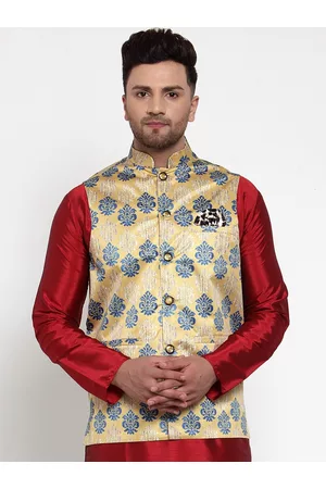 Jompers Men Gold-Coloured & Blue Printed Regular Fit Nehru Jacket