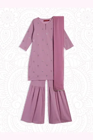 House of Pataudi Girls Pink Embroidered Kurta with Sharara & Dupatta