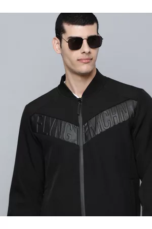 Flying Machine Men Black Brand Logo Bomber Jacket