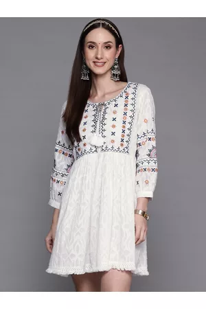Indo Era White & Navy Blue Schiffli Embroidered Tie-Up Neck Ethnic A-Line Mini Dress