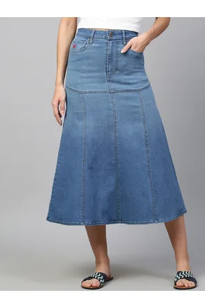 Chemistry Women Blue Solid Denim Flared Midi Skirts