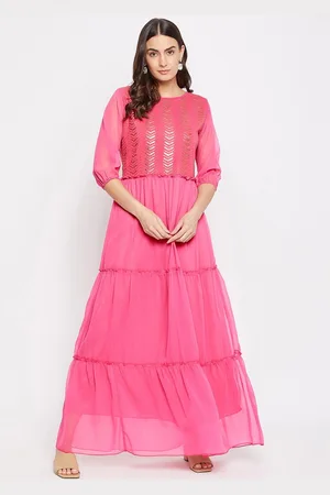 Bitterlime Pink Georgette Maxi Tiered Dress