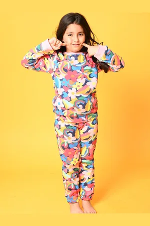 Anthrilo Girls Pink & Blue Floral Print Fleece Sweatshirt & Joggers