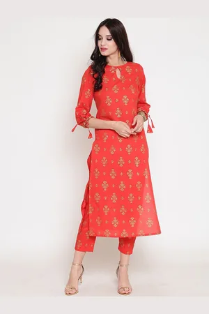 Sera Women Red Ethnic Motifs Printed Regular Straight Keyhole Neck Pure Cotton Kurta