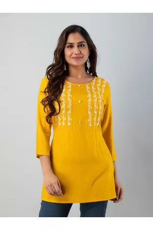 CKM Mustard Yellow & White Floral Embroidered Longline Top