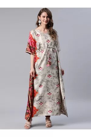 Cottinfab Women Grey & Pink Geometric Printed Flared Sleeves Kaftan Kurta
