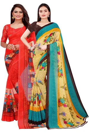 Florence Pack Of 2 Beige & Red Printed Pure Georgette Saree With Unstitched Blouse