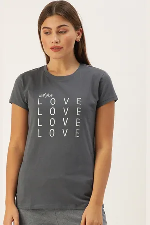 ENAMORA Women Charcoal Grey White Printed Slim Fit Lounge T-shirt