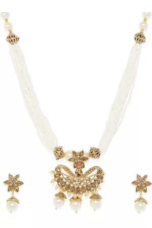 Asmitta Jewellery Gold-Plated & White Beaded Pendant Set