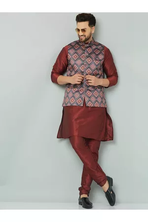 Kaifoo Men Maroon Solid Kurti Set With Printed Nehru Jacket