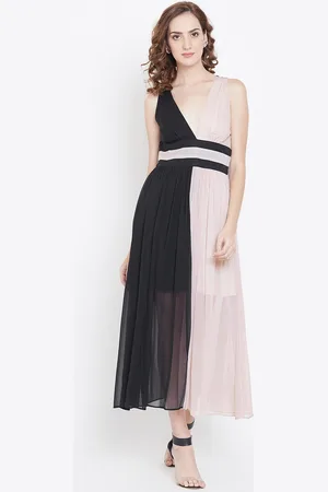 DODO & MOA Women Black & Dusty Pink Colourblocked Semi-Sheer Maxi Dress