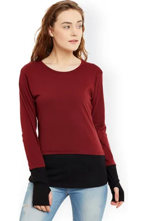 Hypernation Women Maroon & Black Colourblocked Slim Fit T-shirt