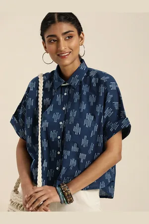 Taavi Women Blue & Off White Indigo Print Roll-Up Sleeves Regular Top