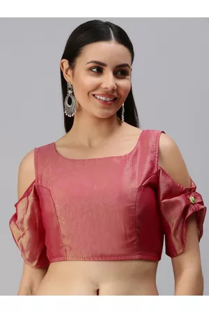 flaher Women Coral Red Solid Zari Padded Saree Blouse with Tie-Ups