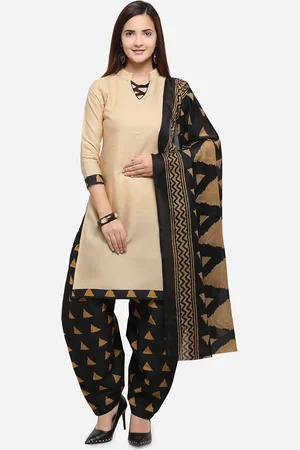 Rajnandini Beige & Black Cotton Blend Unstitched Dress Material