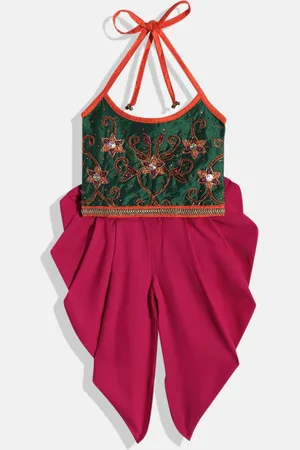 Twisha Girls Green & Magenta Embellished Top with Dhoti Pants