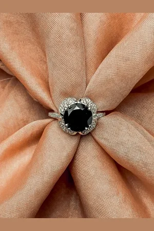 HIFLYER JEWELS 92.5 Sterling Silver Rhodium-Plated Black Stone-Studded Finger Ring